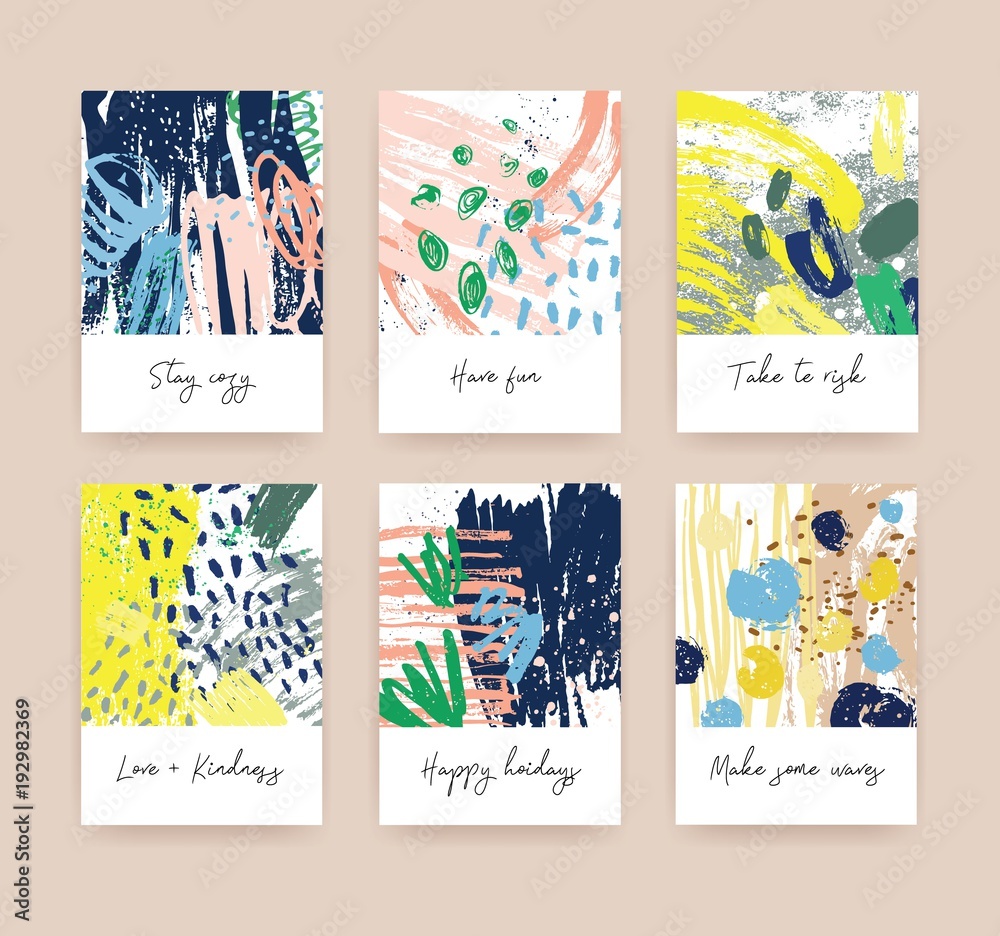 Poster bundle of greeting card or postcard templates with handwritten wishes and abstract hand drawn textur