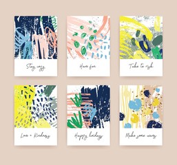 Bundle of greeting card or postcard templates with handwritten wishes and abstract hand drawn textures with colorful paint traces, stains, blots, scribble. Creative artistic vector illustration.