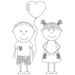Funny boy and girl with a balloon in the shape of a heart. Theme of St. Valentine's Day. Greeting card for lovers.