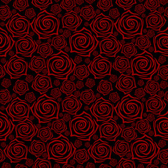 Beautiful seamless pattern with red roses on black background. illustration.