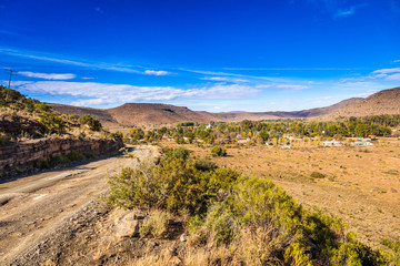 The landscape and the town of Nieu Bethesda which is nestled in the mountains of the eastern cape, South Africa.