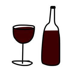 Doodle wine bottle and glass vector illustration