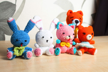 knitted toy cat, bear, rabbit, hare, handmade