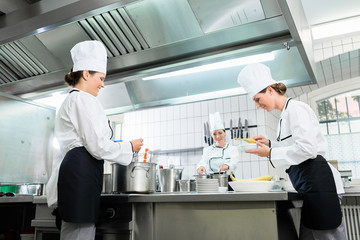 Kitchen brigade in catering kitchen preparing dishes