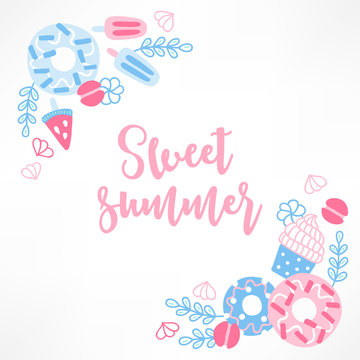 Summer greeting card with ice cream, macaroons, meringues, brances
