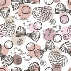 Summer beach seamless pattern with sunglasses, bows and lollipops. Vintage background.