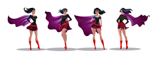 Comic superwoman actions in different poses. Female superhero vector cartoon characters. Illustration of superhero woman cartoon © maxutov