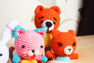 knitted toy cat, bear, rabbit, hare, handmade