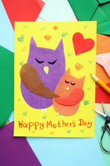 Happy Mothers day. baby card with owls. applique