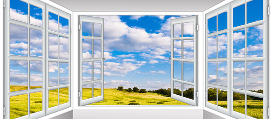 nature landscape with  window with curtains