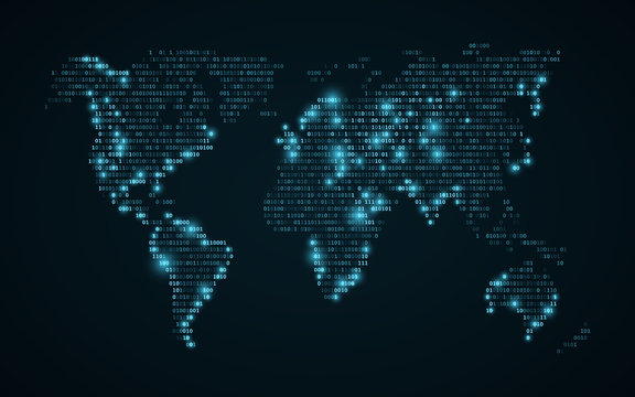 Abstract world map of binary code. Glowing map of the earth. Dark blue background. Blue lights. High tech. Sci-fi technology. Programming, big data. Global network. Vector illustration