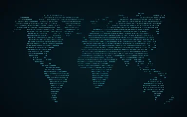 Abstrakte Weltkarte des Binärcodes. Leuchtende Karte der Erde. Dunkelblauer Hintergrund. Blaue Lichter. Sci-Fi-Technologie. Programmierung, Big Data. Globales Netzwerk. Vektor-Illustration © sersupervector