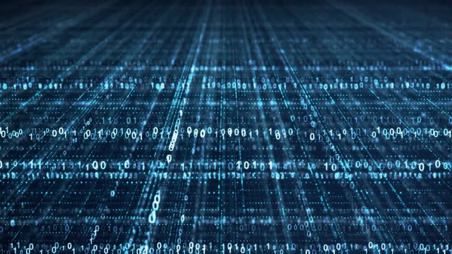 Dolly shot of blue binary code grid. Information technology concept. Computer generated seamless loop animation 4k (4096x2304)
