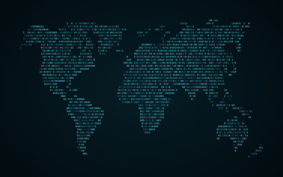 Abstract world map of binary code. Glowing map of the earth. Dark blue background. Blue lights. Sci-fi technology. Programming, big data. Global network. Vector illustration