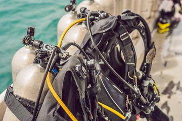 scuba compressed air tank on boat. Ready for diving