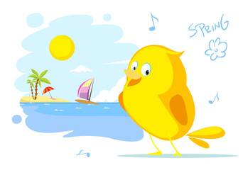 spring on the beach bird ssinging flat vector illustration