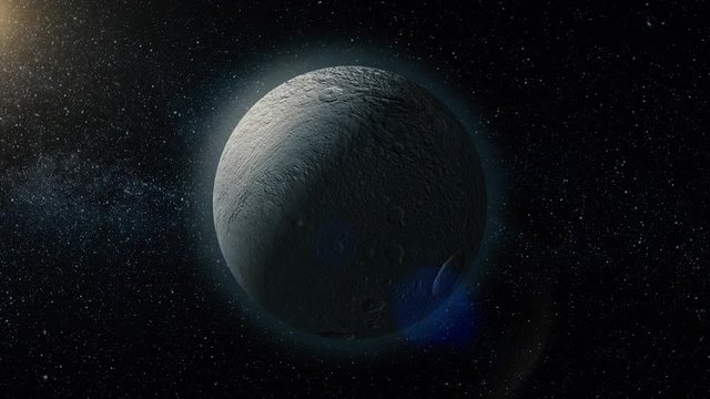 Rhea, mid-sized moon of Saturn on space bacground mid-sized moon of Saturn. 3d rendering. Rhea moon of Saturn