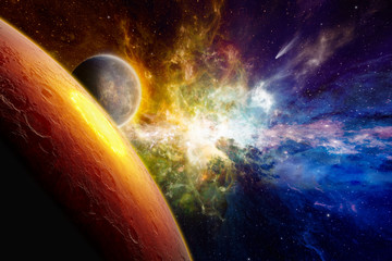 Two aliens planets in deep space, glowing mysterious galaxy, comet in space