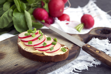Fototapeta na wymiar Rye bread with butter and radish. Healthy food.