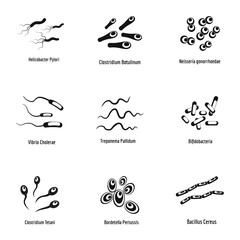 Pathogenic microorganism icons set. Simple set of 9 pathogenic microorganism vector icons for web isolated on white background
