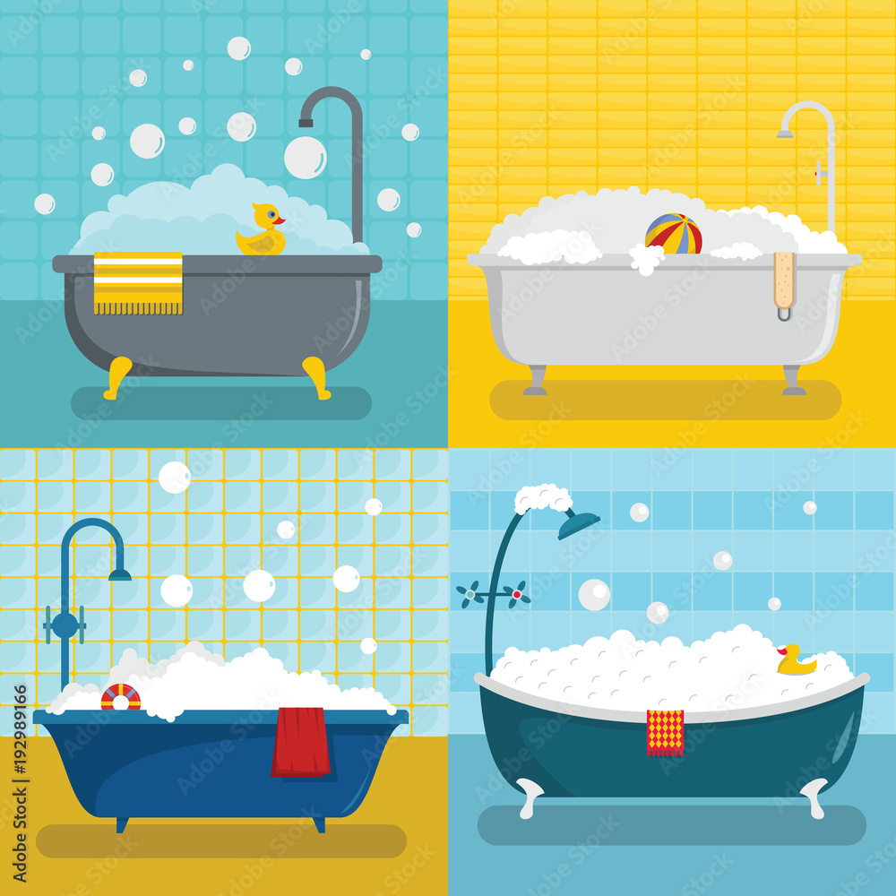 Poster bathtub foam shower banner concept set. flat illustration of 4 bathtub foam shower vector banner hor