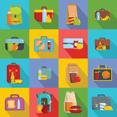 Lunchbox food icons set. Flat illustration of 16 lunchbox food vector icons for web