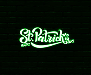 Hand sketched Irish celebration design. Vector illustration of Happy Saint Patrick's Day logotype. Beer festival lettering typography icon. Hand drawn typography badge with neon light
