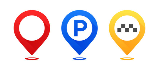Set of colourful map pointers. Map pointer, map parking pointer, map taxi pointer.