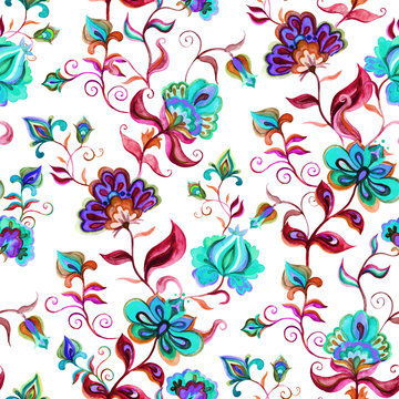 Hand crafted native motifs at light ground - seamless floral background with intricate flowers. Watercolor art