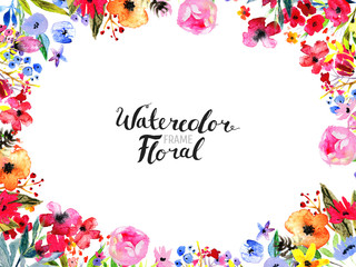 Naklejka premium Akwarela kwiatowy tło. Ręcznie malowane obramowanie kwiatów. Dobry na zaproszenia i kartki z życzeniami. Rama na białym tle i napis szczotka. Ilustracja róży, maku i piwonii Kwiat wiosny