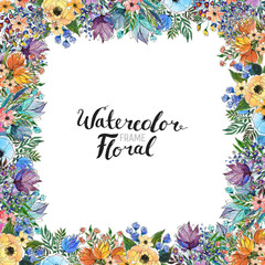 Fototapeta na wymiar Watercolor Floral Background. Hand painted border of flowers. Good for invitations and greeting cards. Frame isolated on white and brush lettering. Spring blossom