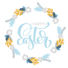Fototapeta na wymiar Hand drawn lettering Happy Easter wreath with flowers, branches and leaves. vector illustration. Design for wedding invitations, greeting cards