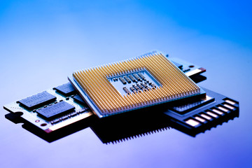 technology cyber electronic concept. cpu ram computer on blue light background