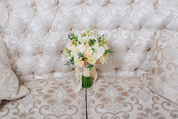Bridal bouquet on the couch