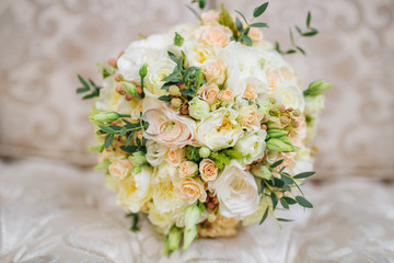 Bridal bouquet on the couch