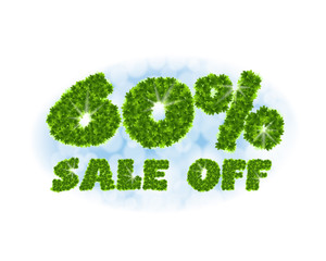 Spring sale 60 percent off. Letters and figures from maple leaves on a heavenly background with the effect of bokeh and sunlight.