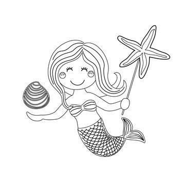 Cute childish hand drawn cartoon character of little mermaid with sea starfish, shell as coloring page