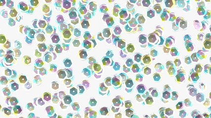 Sequins on white background. Holographic sequin. Rhinestones. 3d illustration. Fashion backdrop. Embroidery. Rainbow sparkles. Glitter. Digital image.