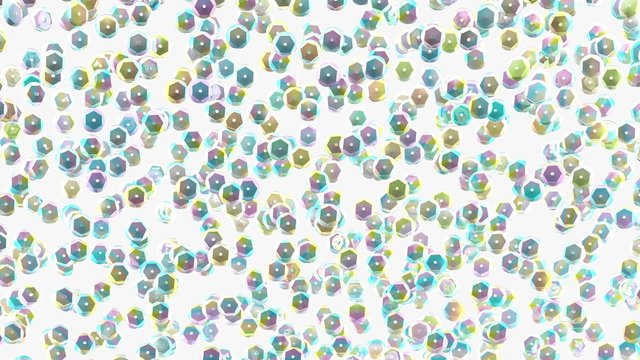 Sequins on white background. Holographic sequin. Rhinestones. 3d illustration. Fashion backdrop. Embroidery. Rainbow sparkles. Glitter. Digital image.