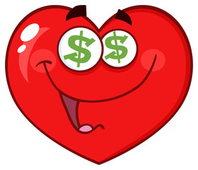 Happy Red Heart Cartoon Emoji Face Character With Dollar Sign Eyes. Vector Illustration Isolated On White Background