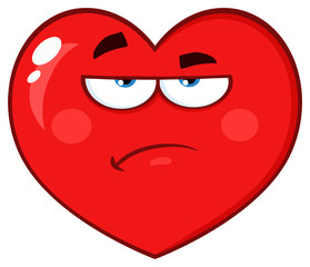 Annoyed Red Heart Cartoon Emoji Face Character With Grumpy Expression. Vector Illustration Isolated On White Background