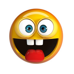 Crazy emoji isolated on white background, silly face emoticon 3d rendering