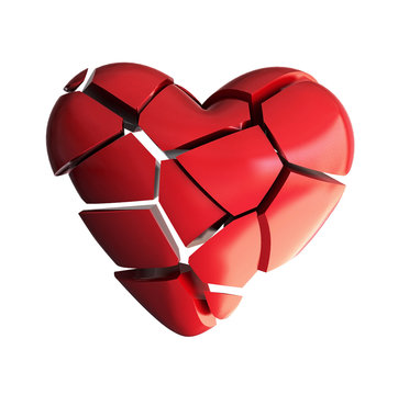 Red Broken Heart. in pieces. 3d Rendering Isolated on white Background.