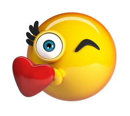 Kiss emoji, kissing face emoticon with red heart. 3d rendering isolated on white background