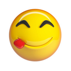 Yummy Emoji, Sticking tongue out emoticon. 3d rendering isolated on white background