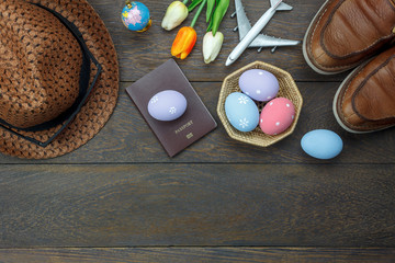 Table top view shot of decoration Happy Easter holiday background concept.Flat lay essential...
