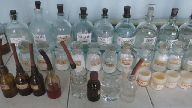 Chemical test tubes. Laboratory flasks with chemical liquids.
