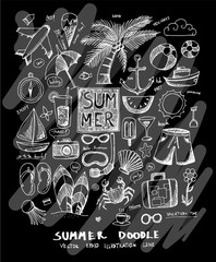Summer doodle illustration wallpaper background line sketch style set on chalkboard eps10