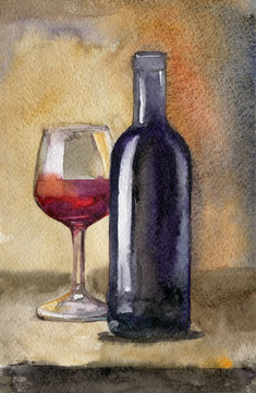 Bottle of wine with glass on dark background, still life watercolor illustration 