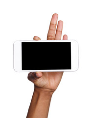 Black hand holding mobile smart phone with blank screen